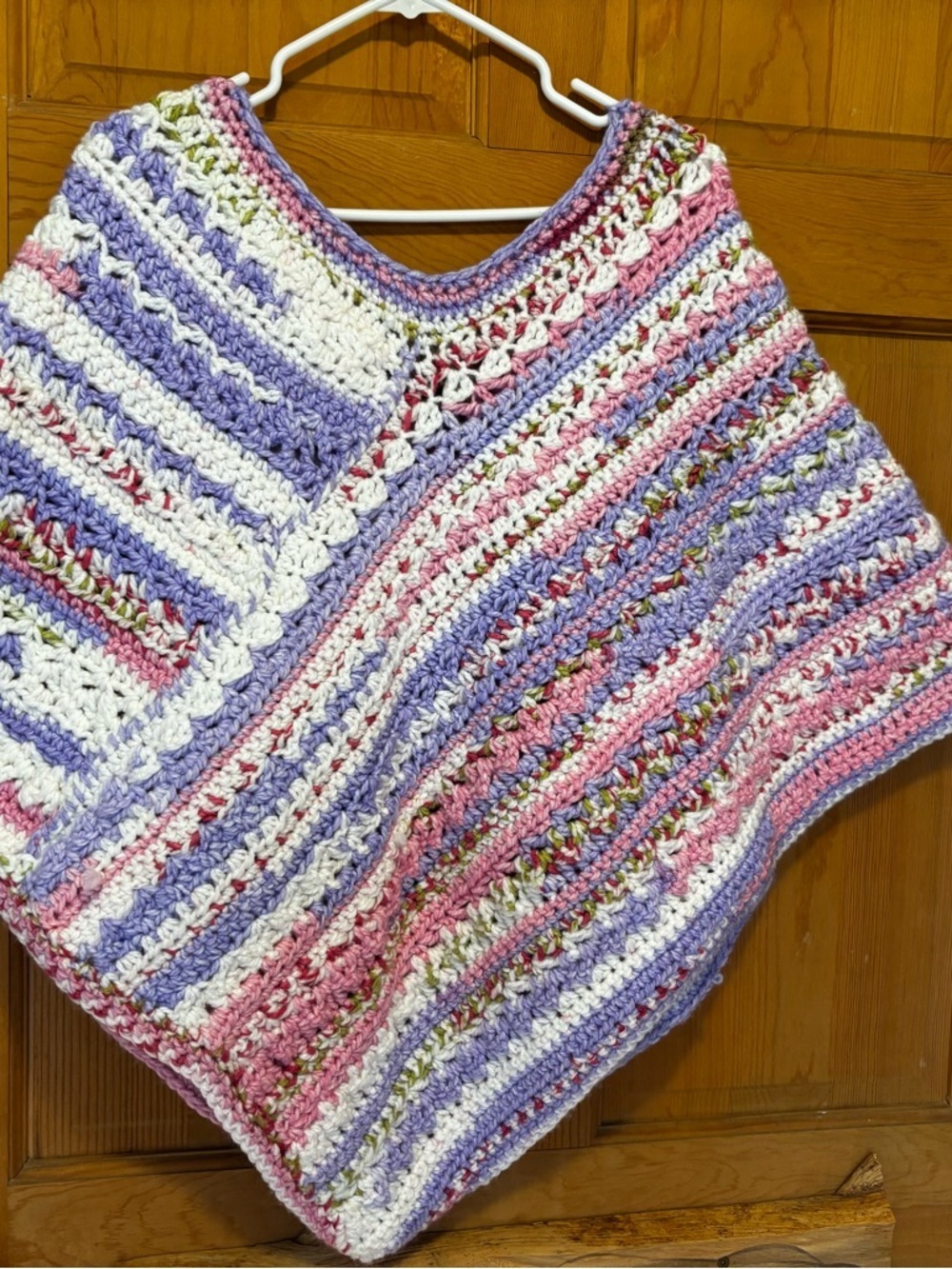 Crochet V-Neck Women’s Sweater Poncho - Pink, White & Lavender - Picture 2 of 6